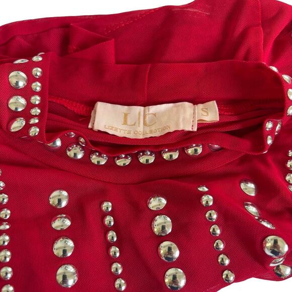 Y2K VTG. RED MESH STUDDED EMBELLISHED SHEER BLOUSE SMALL EUC. - Picture 8 of 8